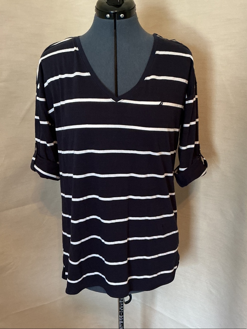 Nautica Navy and White Striped V-Neck Roll-Tab Sleeve Top
